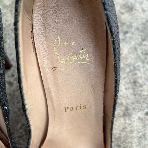 Christian Louboutin Metallic Grey Glitter Very Prive Peep Toe Pumps, Size 38.5 - Picture 7 of 16